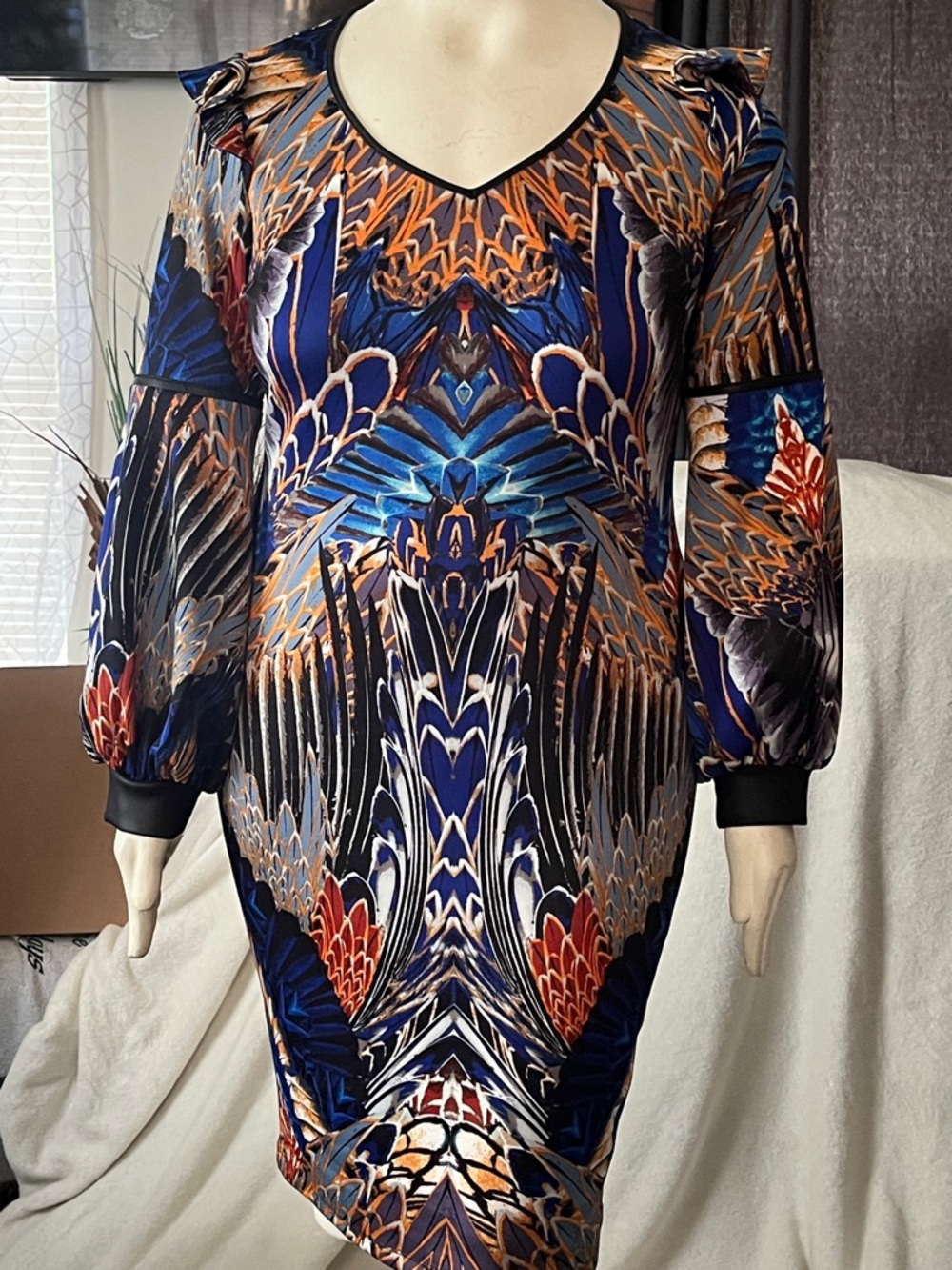 Bisou Bisou Multicolor Peacock-Print Long Sleeve Dress